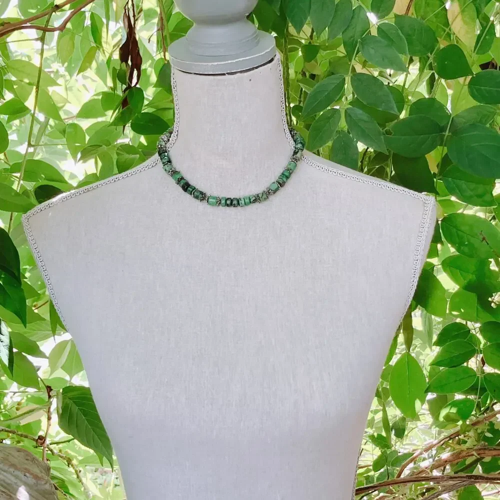 Genuine Ruby in Zoisite Green Gemstone Bead Necklace Silver Tone Artisan Choker